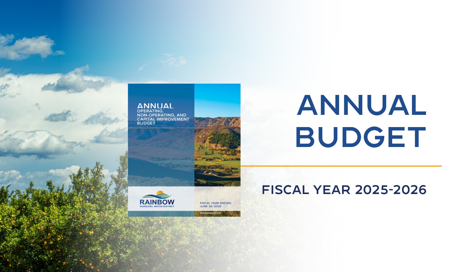 Annual budget cover for Rainbow Municipal Water District, fiscal year 2025-2026.
