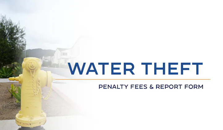 The image features a yellow fire hydrant with text about "Water Theft" and mentions penalty fees and a report form.