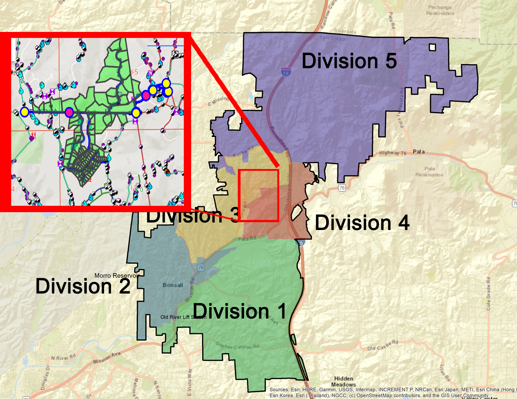 Map showing divisions 1-5 with a detailed inset of roads and intersections.
