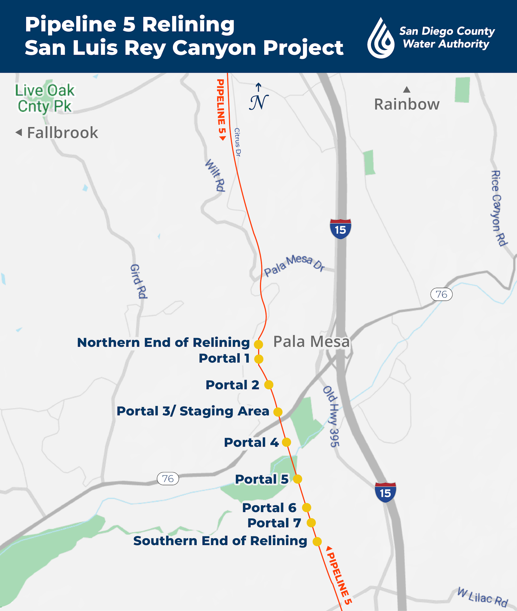 Map showing the Pipeline 5 Relining Project in the San Luis Rey Canyon with portal locations.