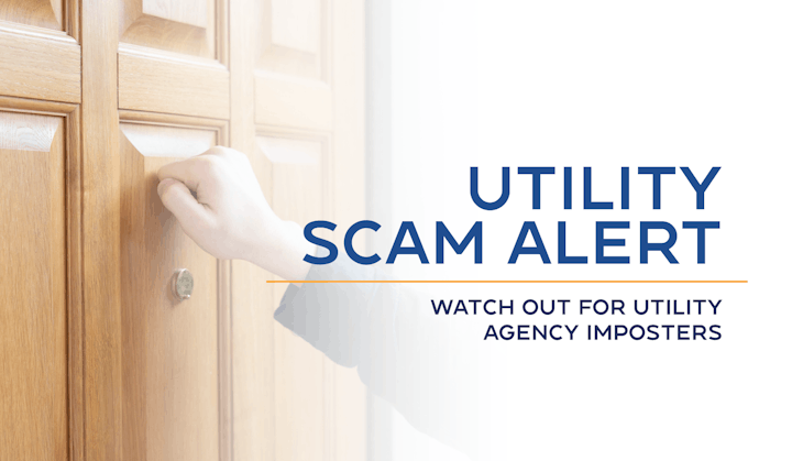 Hand knocking on a wooden door with text: "Utility Scam Alert: Watch out for utility agency imposters."