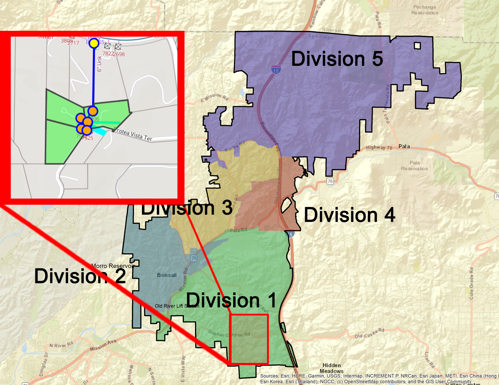 The image is a map showing five divisions in a geographic area, with a zoomed-in section highlighting Division 1.