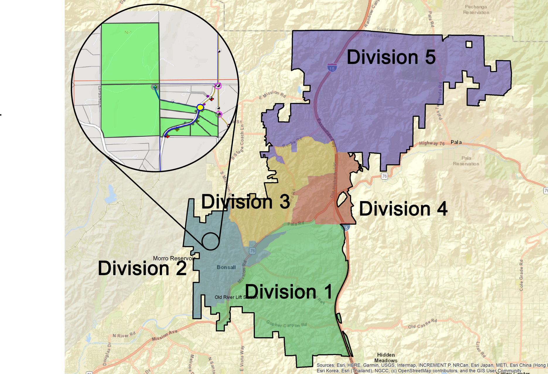 The image shows a map with five divisions labeled in different colors, along with a zoomed-in section for detail.