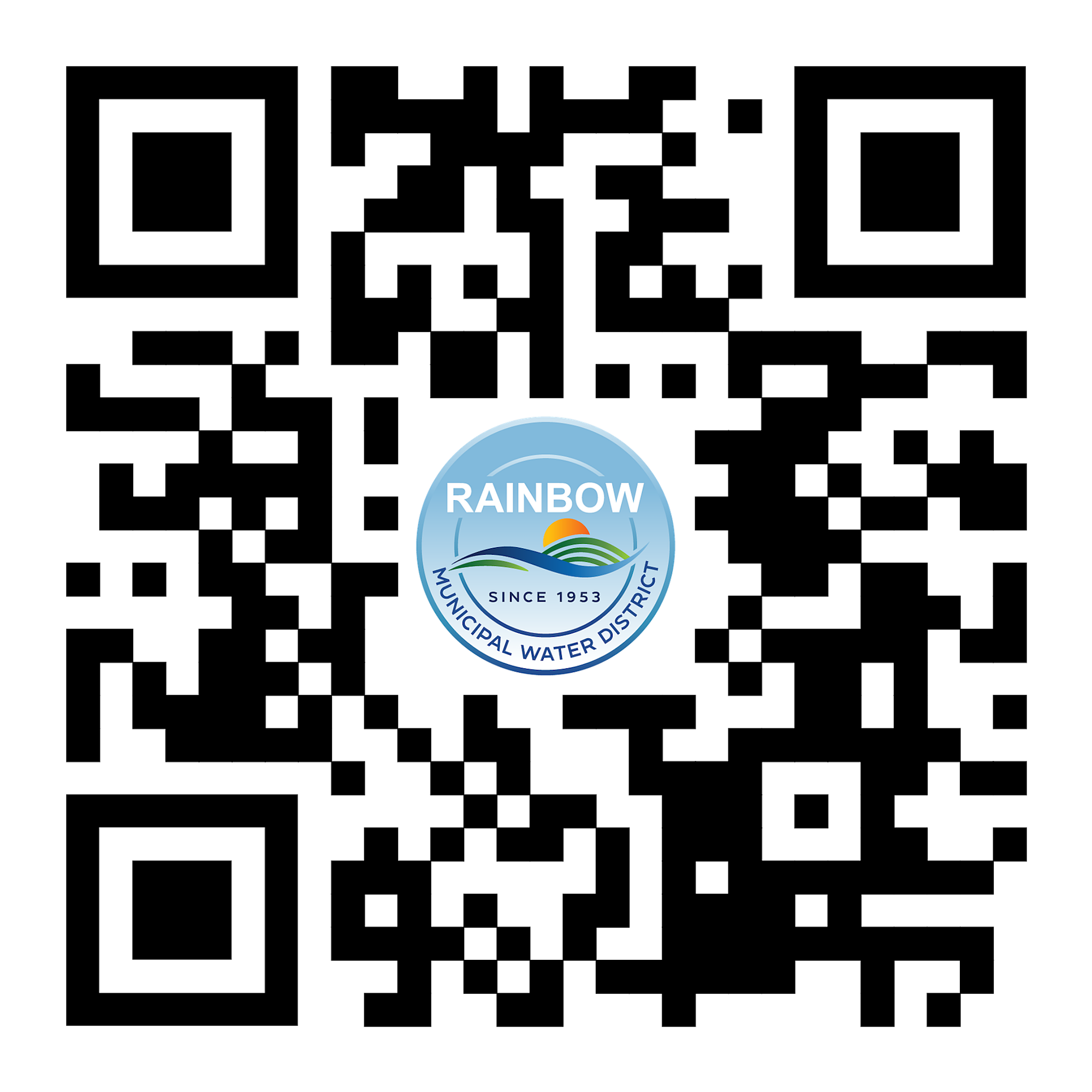 The image contains a QR code with the logo of the Rainbow Municipal Water District, established in 1953.