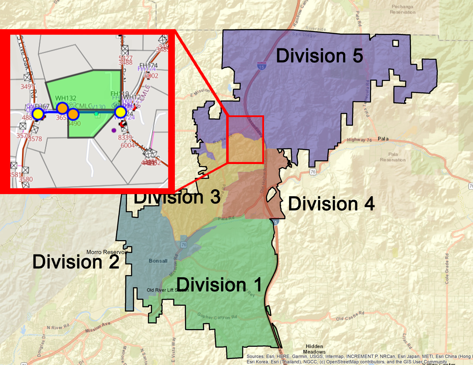 It's a map showing different divisions (1-5) in a geographic area, with a zoomed-in section highlighting features within Division 3.