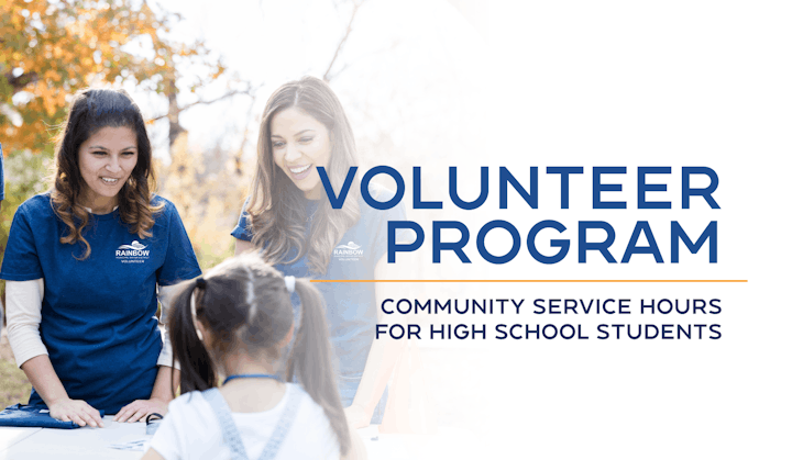 Two women interact with a child outdoors; text reads "Volunteer Program: Community Service Hours for High School Students."