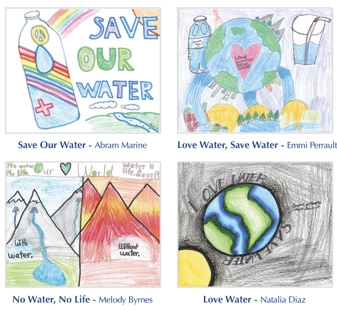Four children's drawings promoting water conservation with slogans and colorful illustrations.