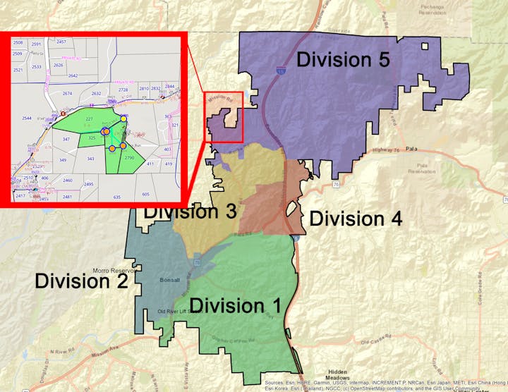 The image shows a map divided into five divisions, highlighting geographic boundaries and key locations in an area.