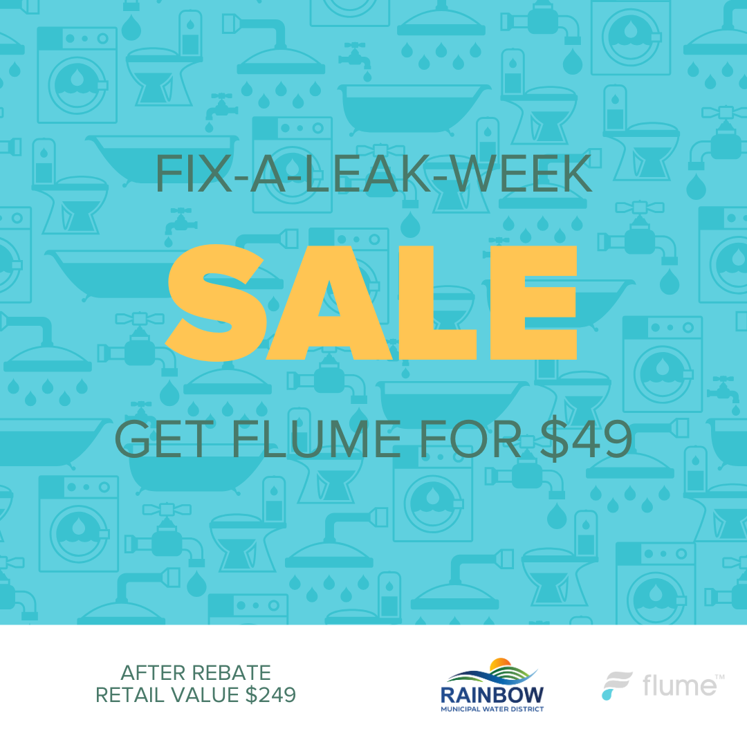 "Fix-A-Leak-Week SALE: Get Flume for $49 after rebate (retail $249). Background: plumbing icons. Logos: Rainbow, Flume."