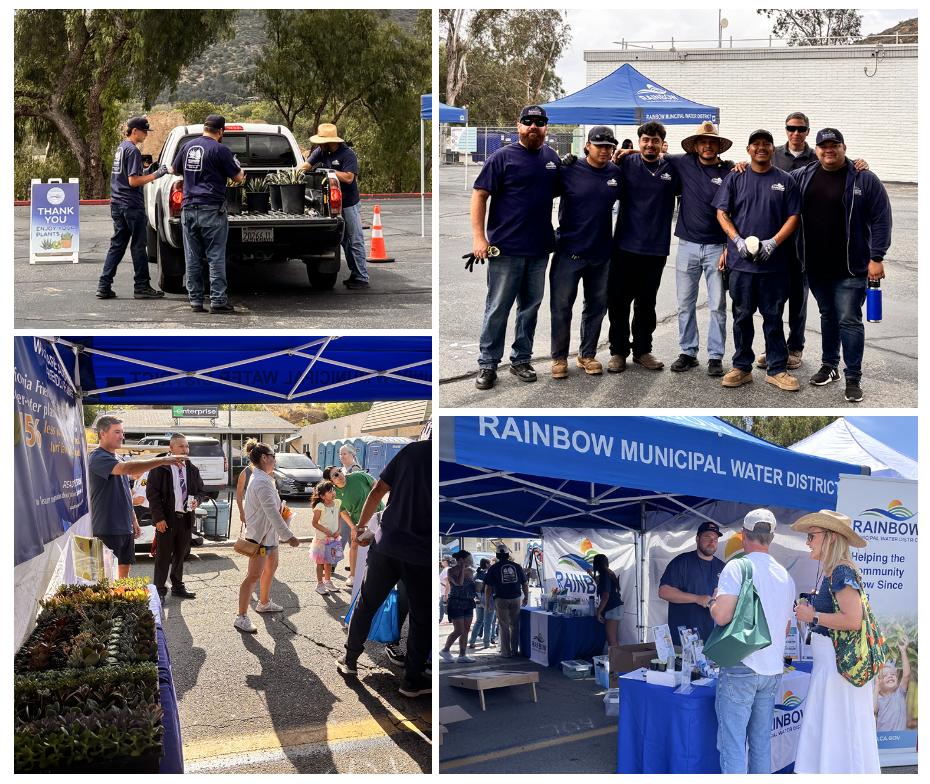 The image showcases a community event with staff from Rainbow Municipal Water District, distributing plants and engaging with locals.