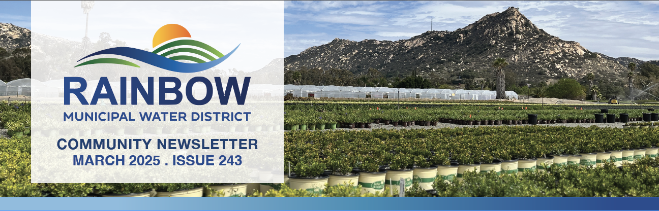 Community newsletter cover for "Rainbow Municipal Water District," March 2025 issue, with rural landscape and greenhouses.