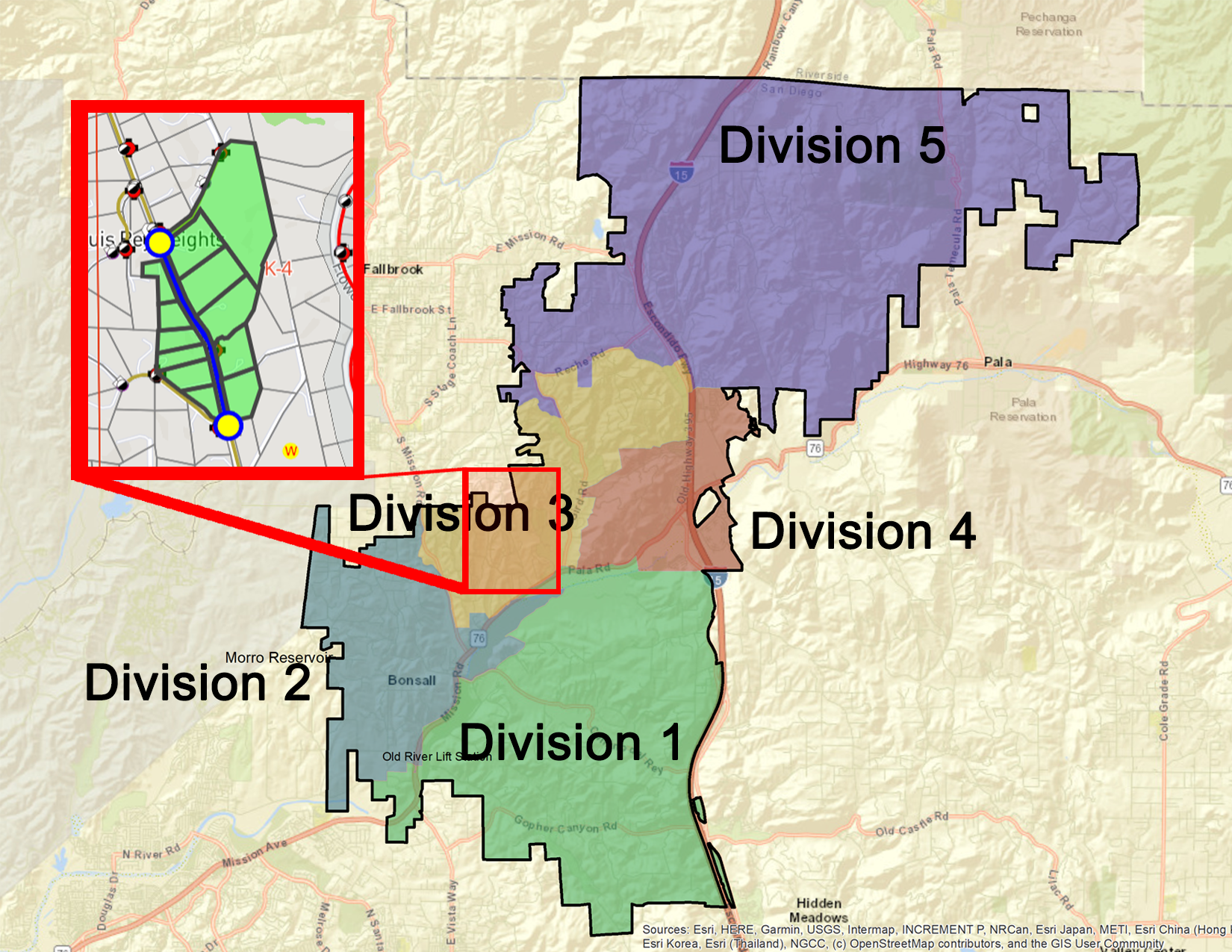 A map showing five divisions with highlighted borders, and an inset map focusing on a detailed street layout.
