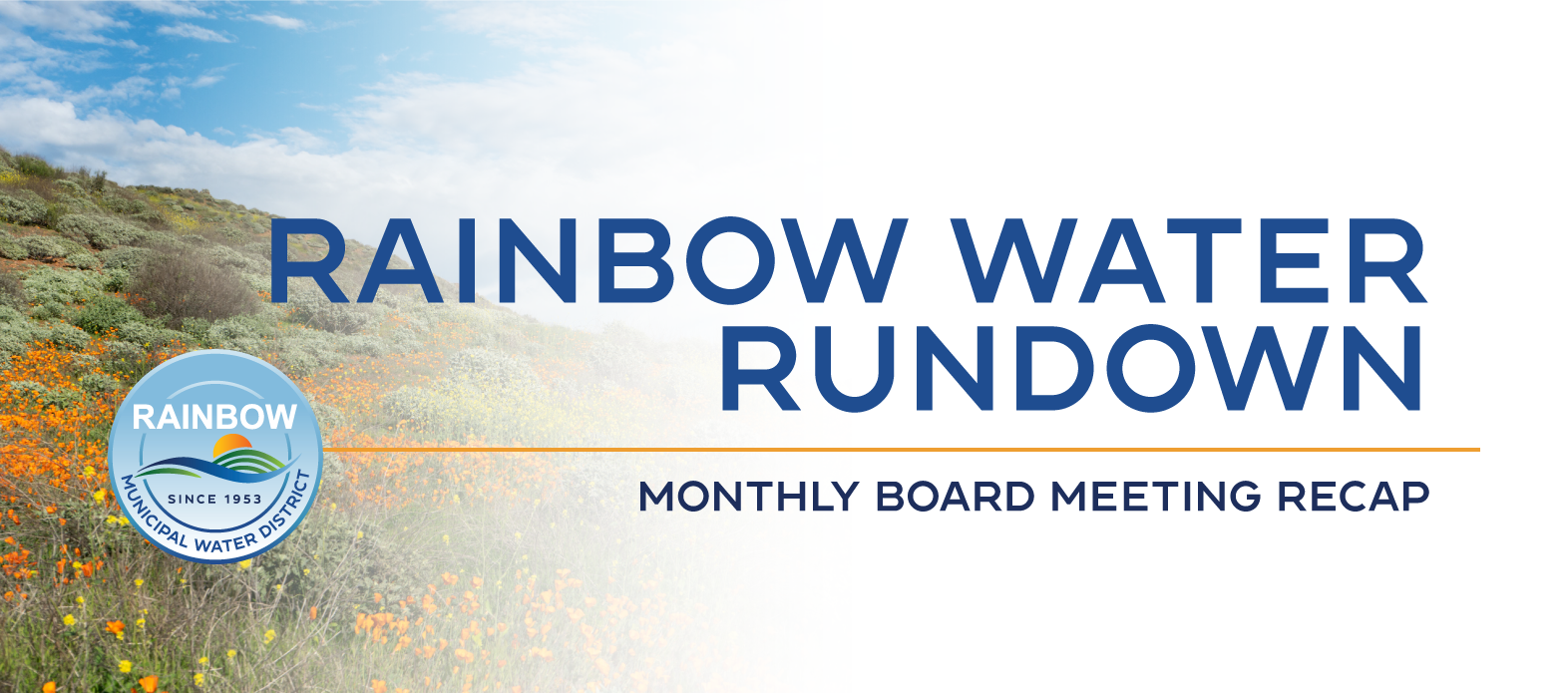 The image features a header for "Rainbow Water Rundown," summarizing a monthly board meeting recap for a water district.