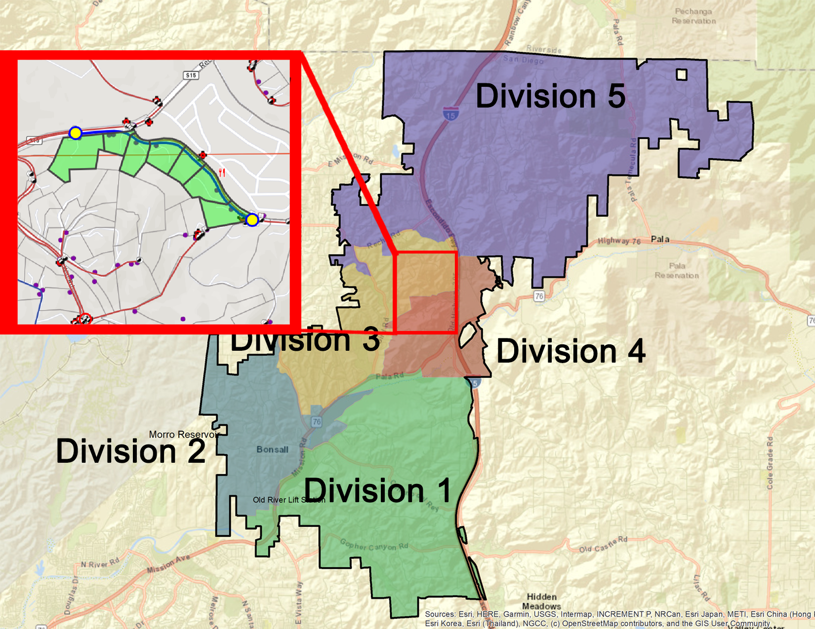 The image shows a map divided into five divisions, with a zoomed-in section highlighting roads and green areas.