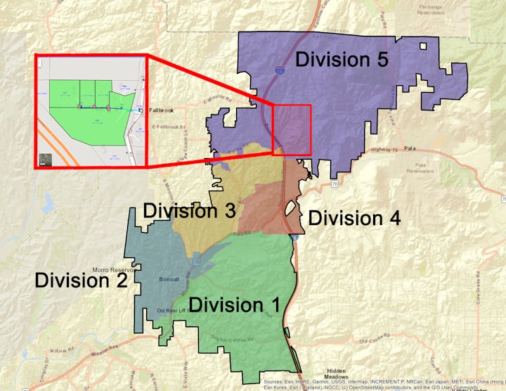 The image shows a map divided into five divisions, highlighting the Fallbrook area with specific boundaries and labels.