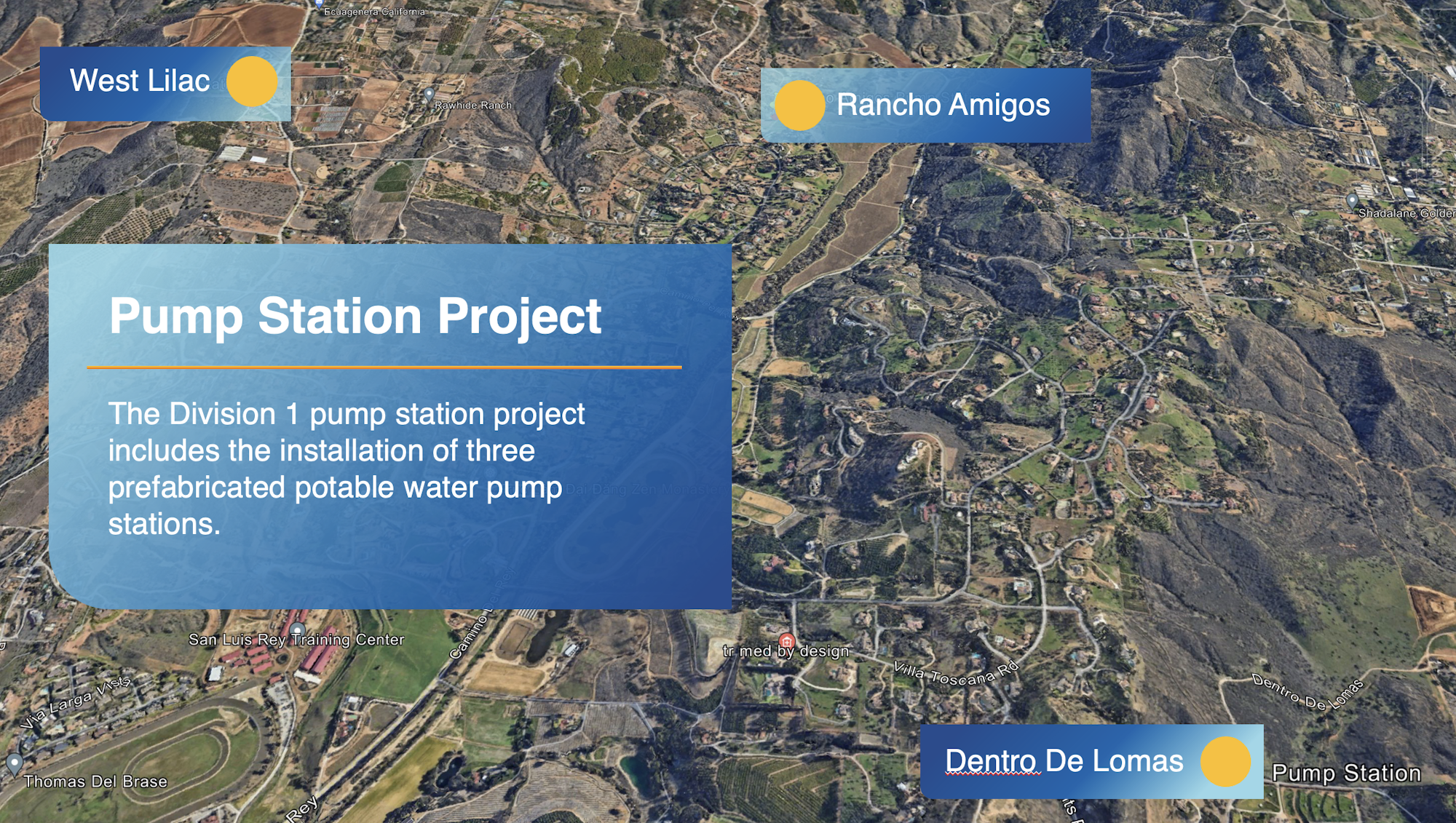 Aerial view of Rainbow Water Division 1 terrain with labels "West Lilac," "Rancho Amigos," "Dentro De Lomas," and information on a "Pump Station Project."