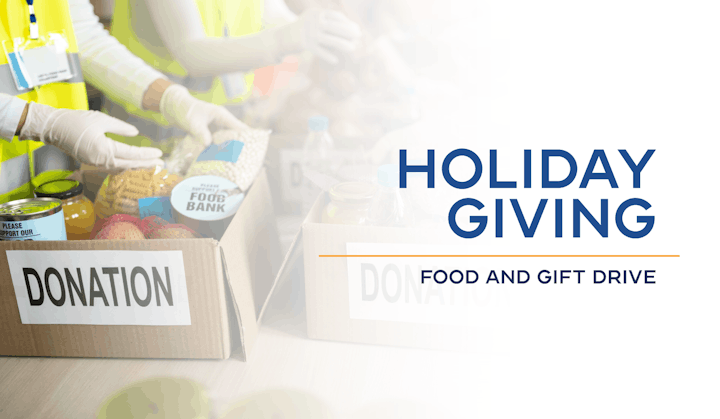 Holiday food and gift drive image with donation boxes and volunteers.