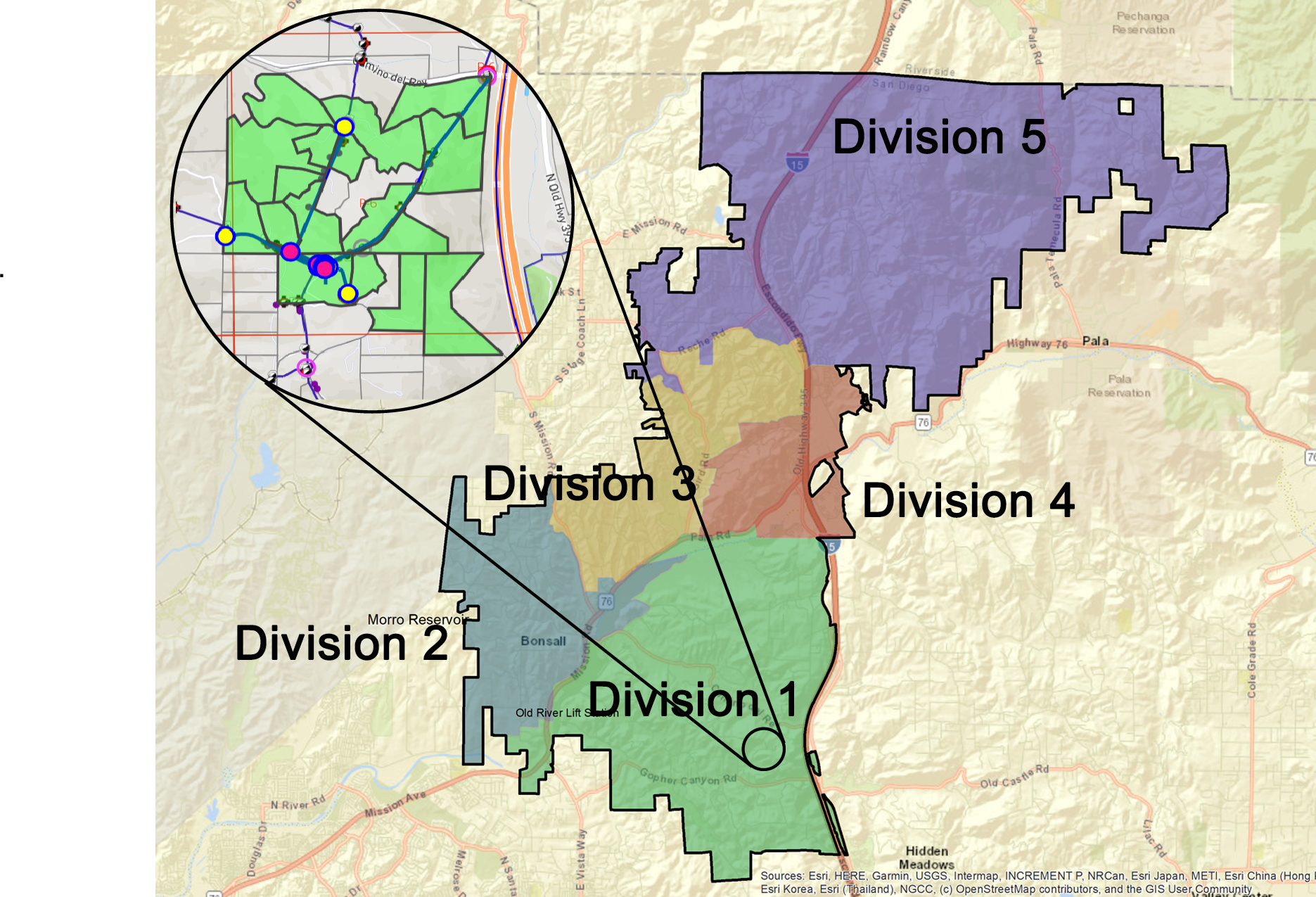 The image shows a color-coded map divided into five divisions, highlighting specific geographic areas with boundaries and labels.