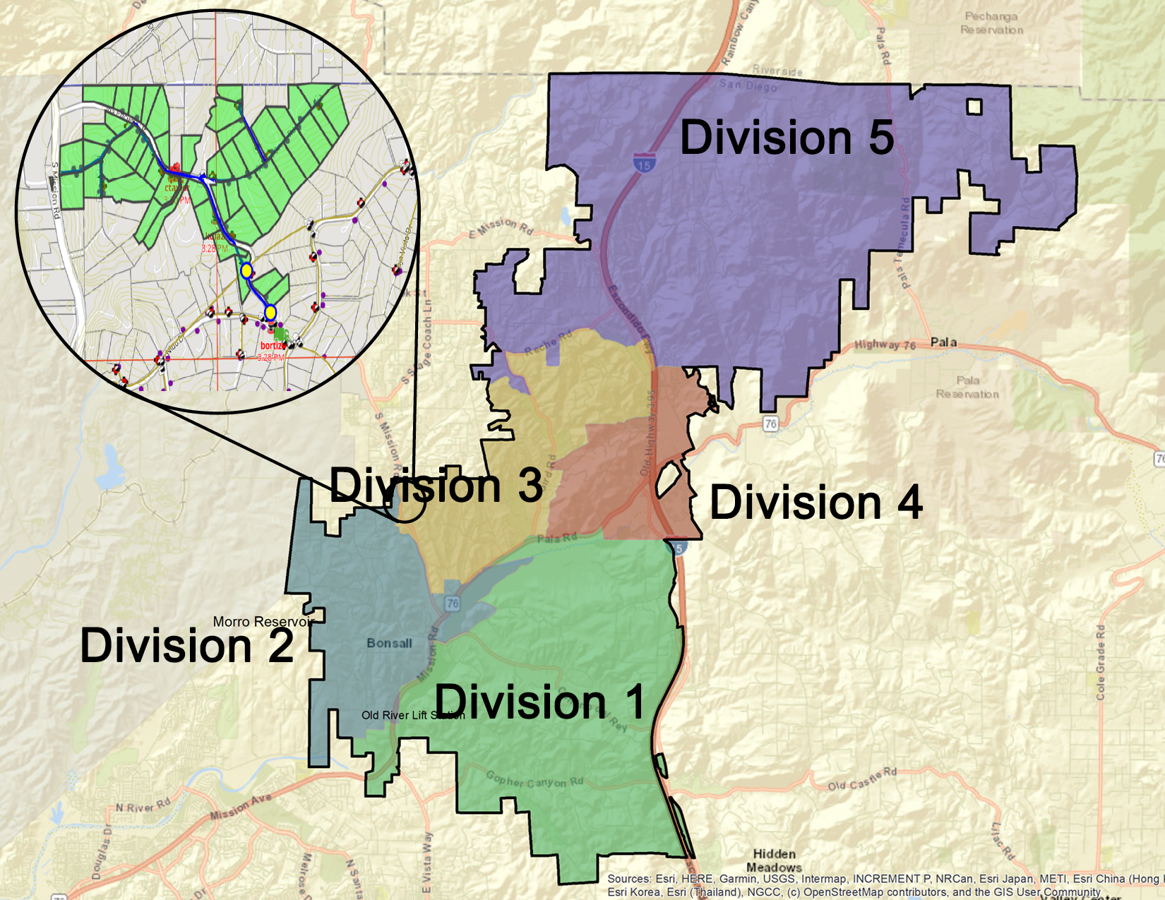 The image features a map divided into five colored divisions, likely indicating different geographic areas or districts, with a focused inset.