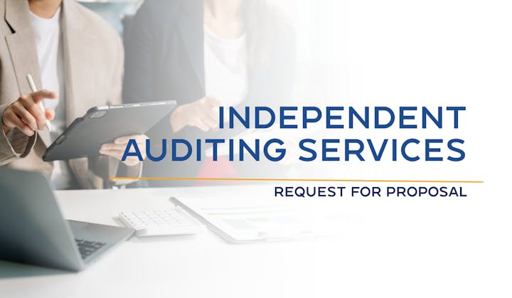The image features a request for proposal for independent auditing services, with people discussing using a tablet and laptop.