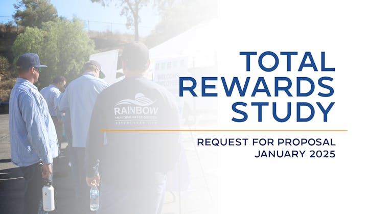 Group of Rainbow Water team members; "Total Rewards Study" and "Request for Proposal January 2025" text.