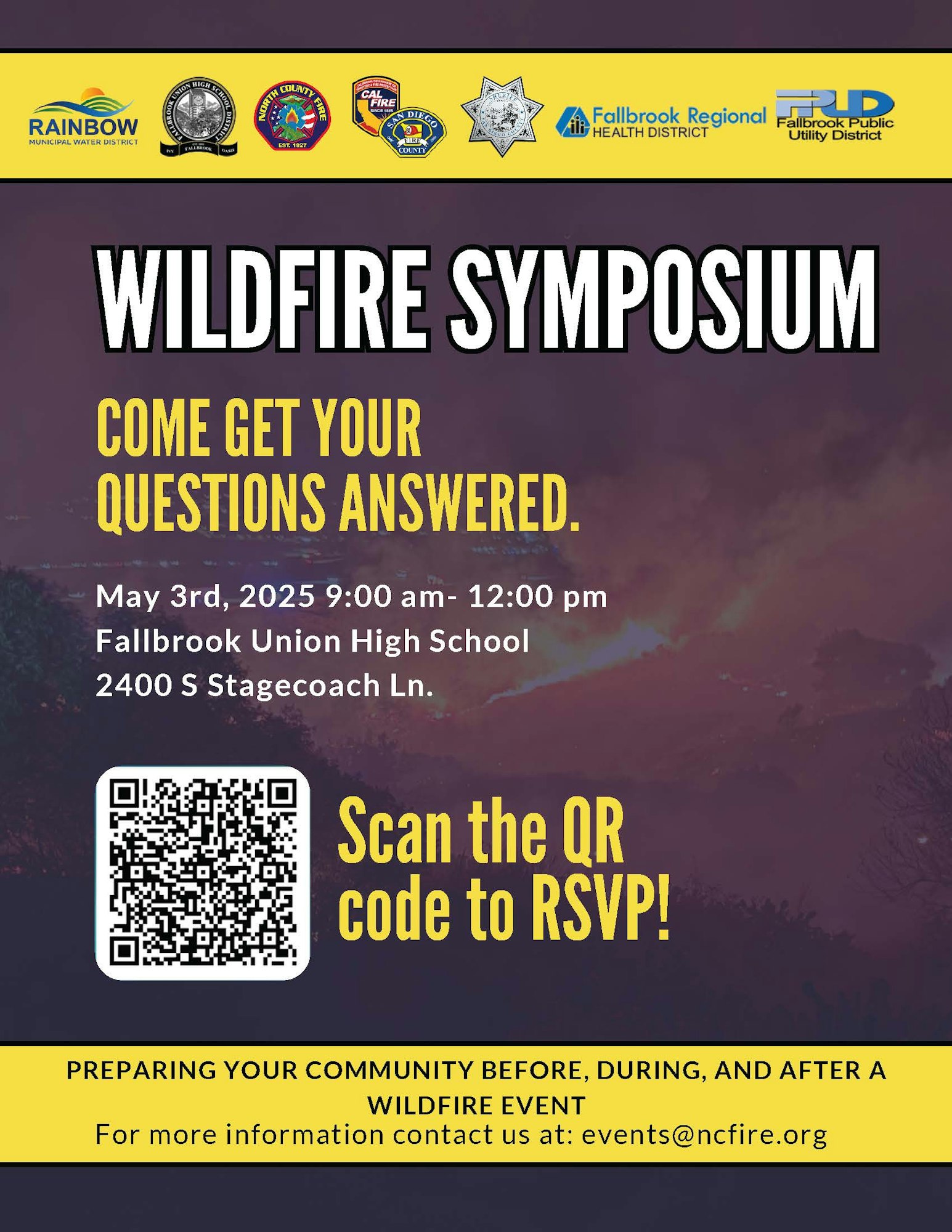 Wildfire Symposium on May 3, 2025, from 9 AM-12 PM at Fallbrook Union High School. Scan QR to RSVP.