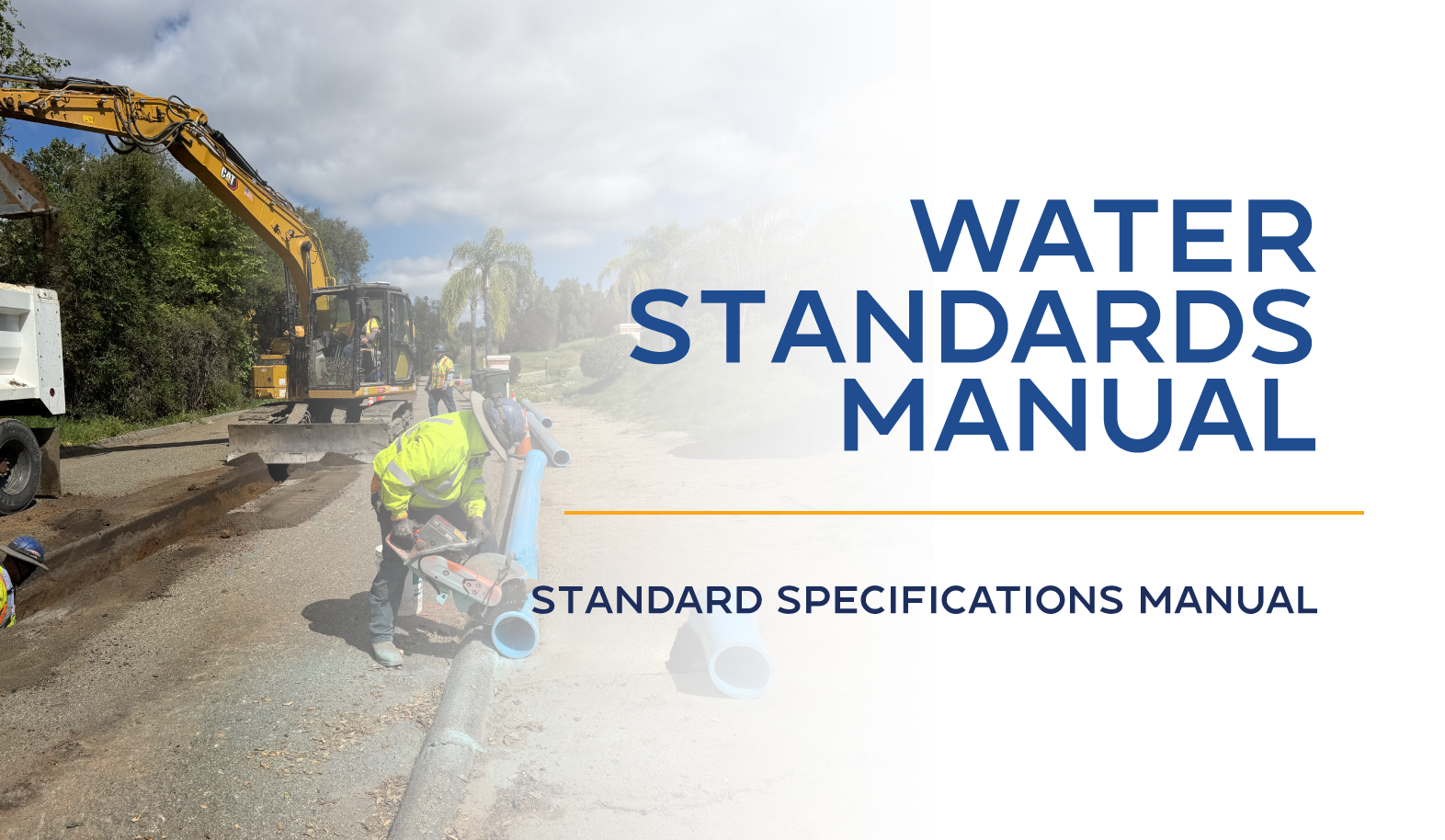 The image features workers and heavy machinery on a site for water pipe installation, alongside a "Water Standards Manual" title.