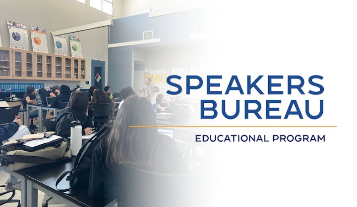 A classroom setting with students, alongside the text "Speakers Bureau Educational Program."