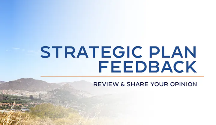 The image emphasizes gathering feedback on a strategic plan, inviting viewers to review and share their opinions.