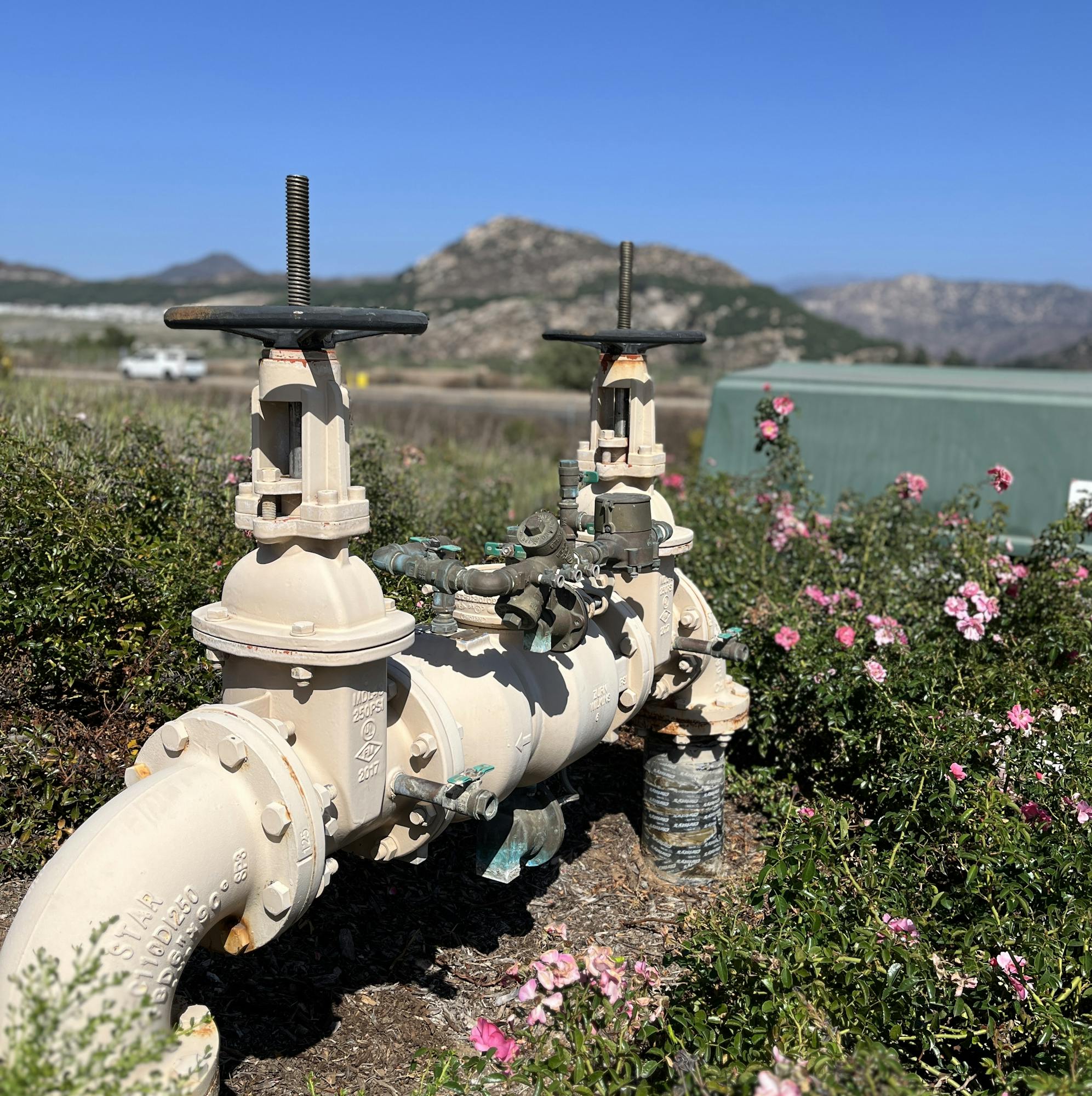 Industrial valve system among bushes and flowers with mountains in the background under a clear blue sky.