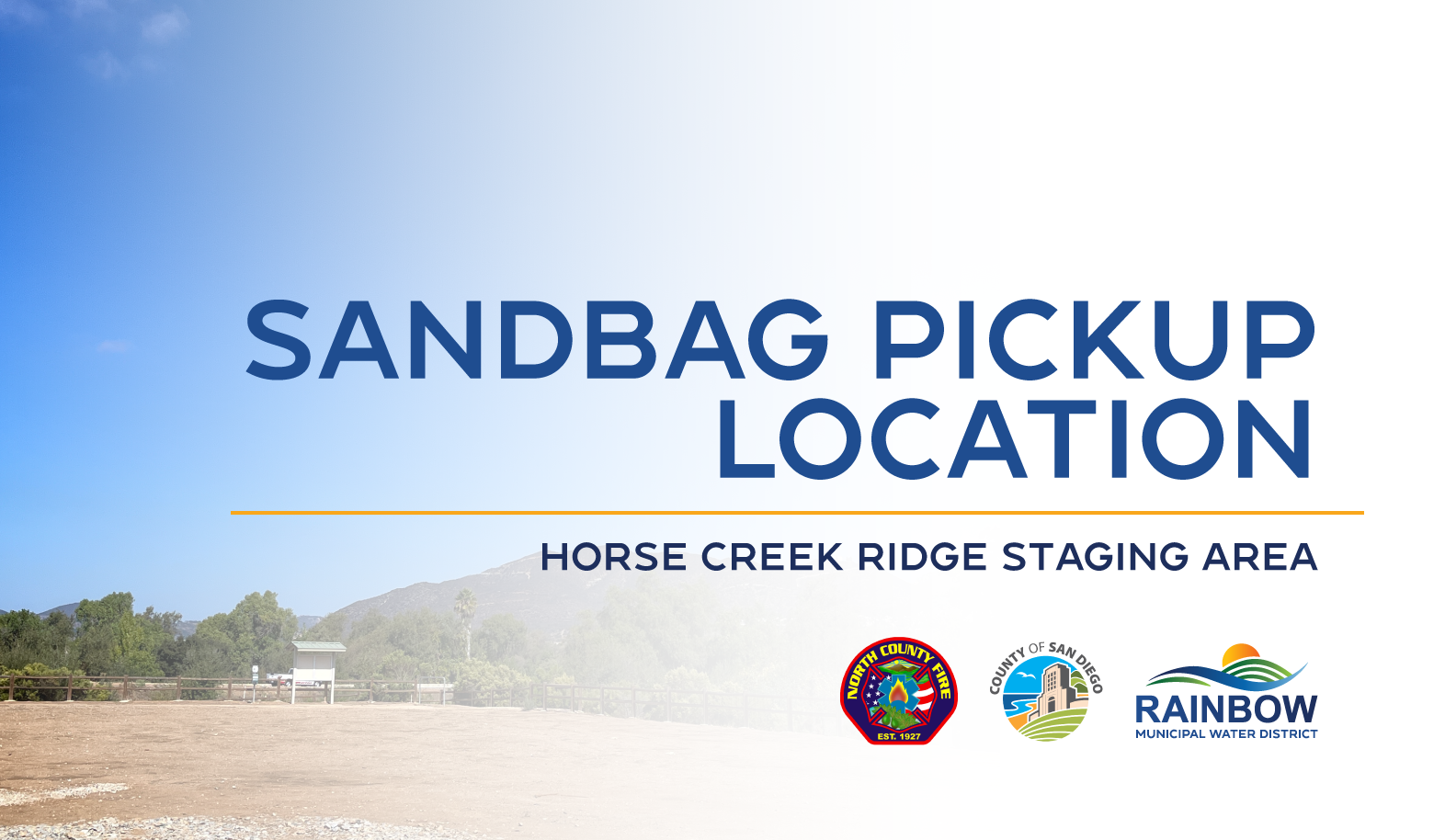 The image shows a sandbag pickup location at Horse Creek Ridge Staging Area, with related organizational logos.