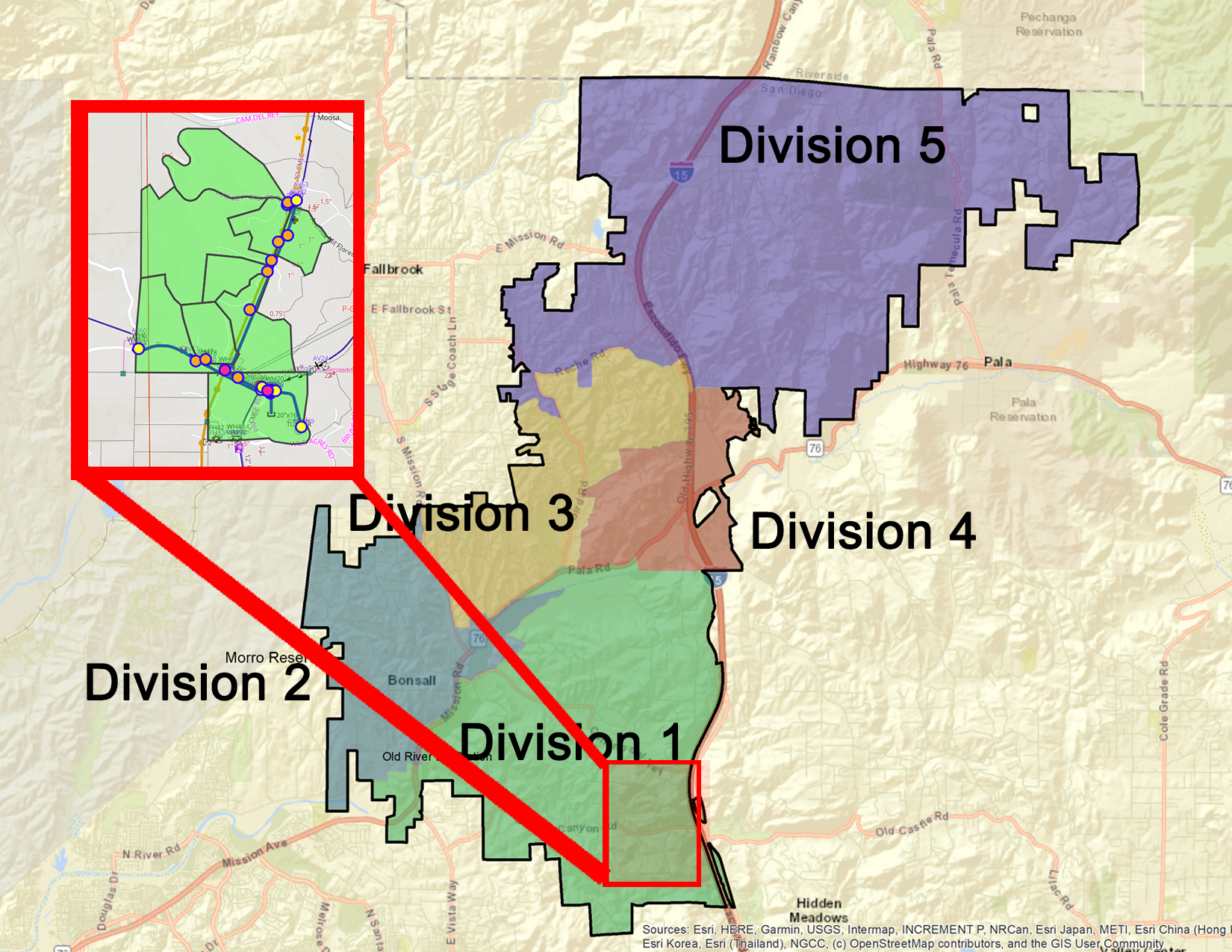A map showing five divisions with various boundaries, featuring a zoomed-in area highlighted in green.