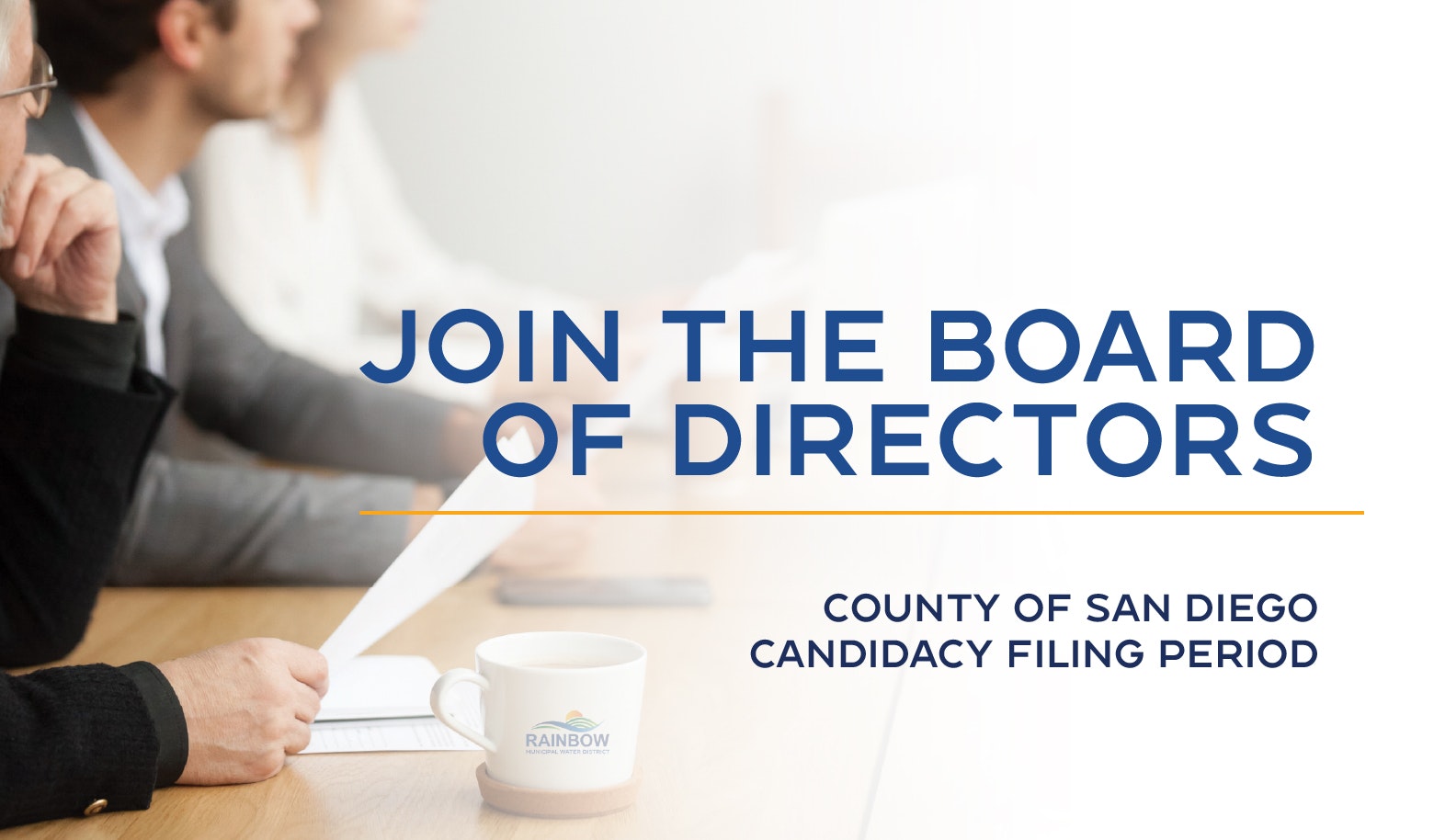 Announcement inviting candidates to join the Board of Directors for the County of San Diego during the filing period.