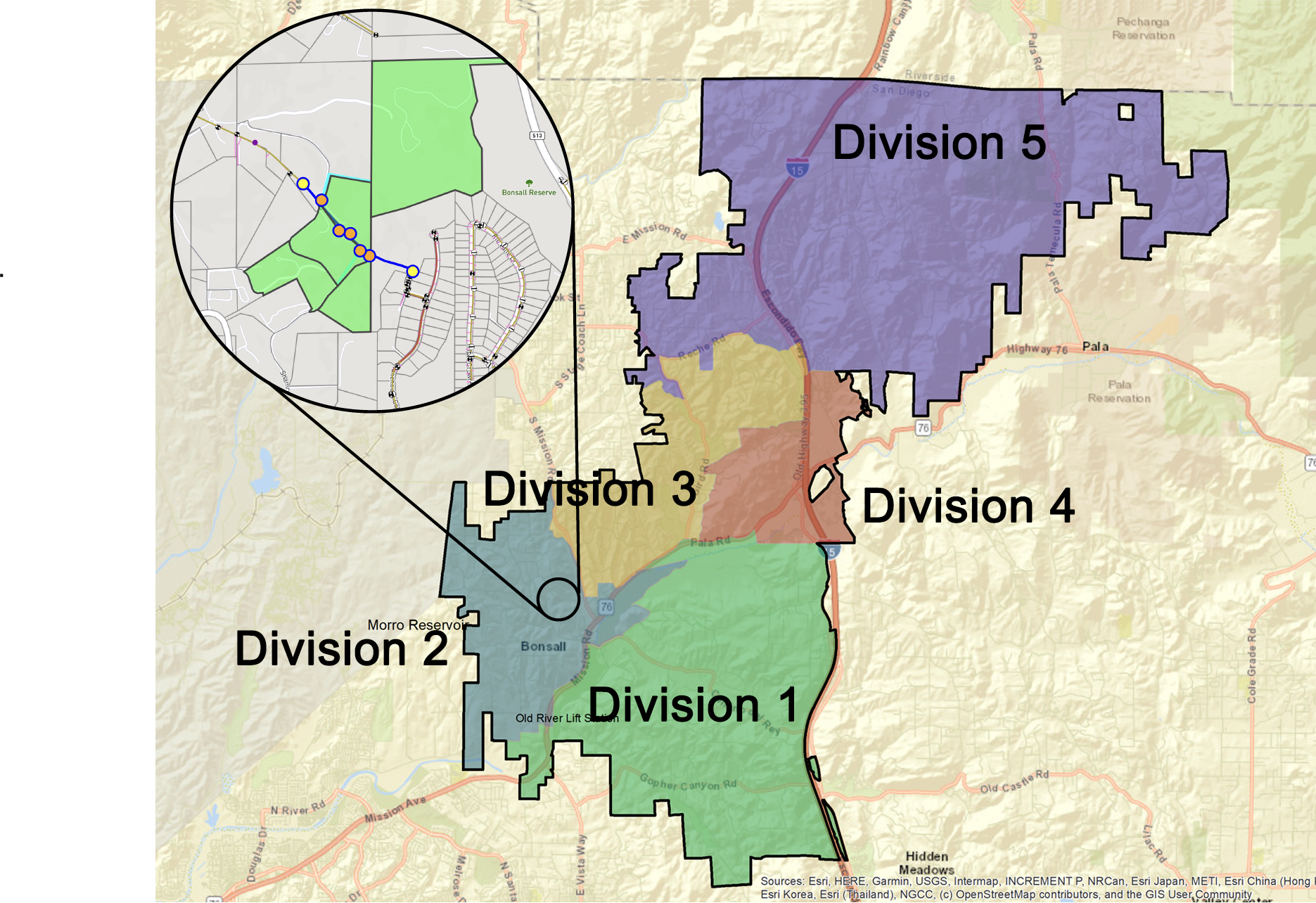 The image is a map showing five divisions (1-5) in a geographical area, with a close-up of a specific location in the inset.