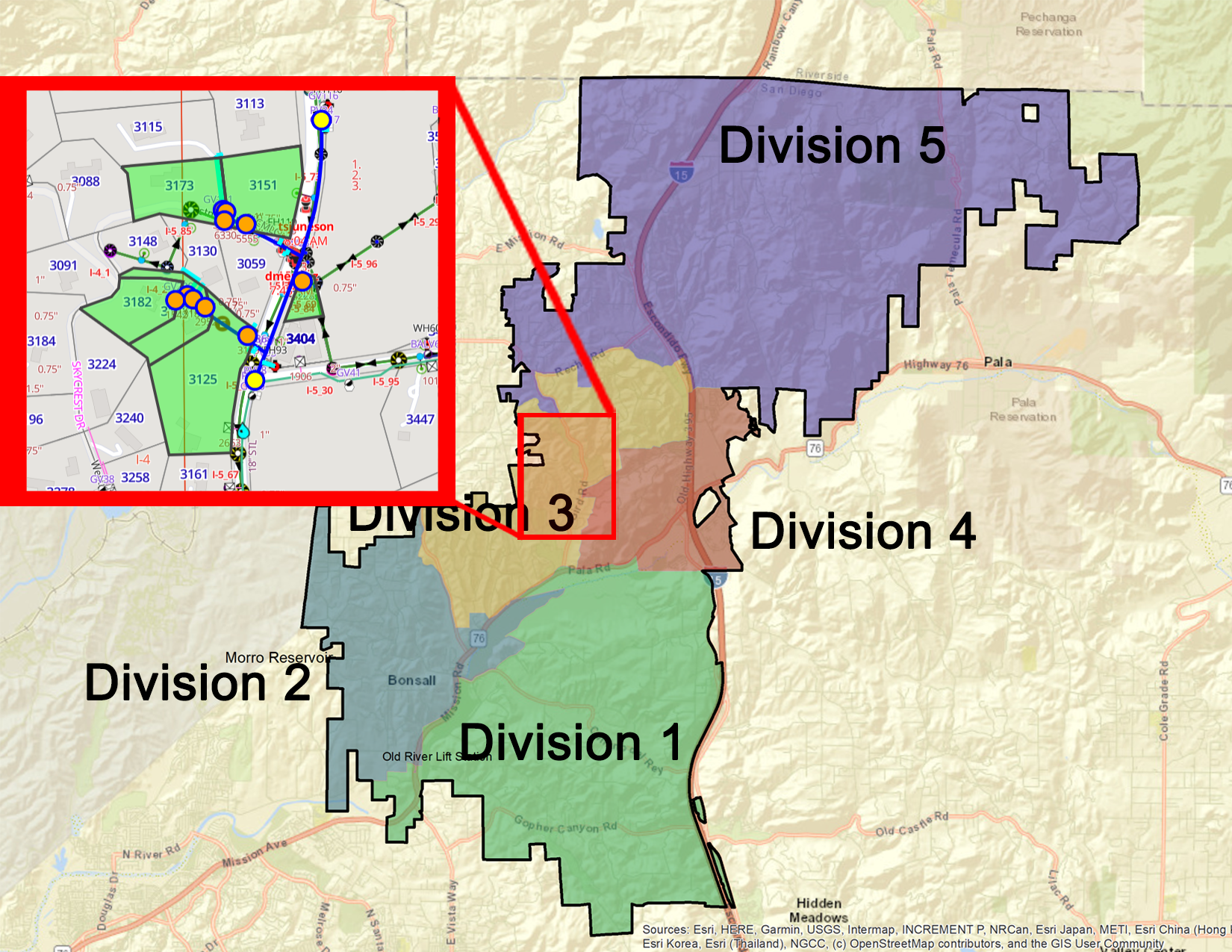 The image shows a map divided into five divisions, with Division 3 highlighted and a detailed inset of a specific area.