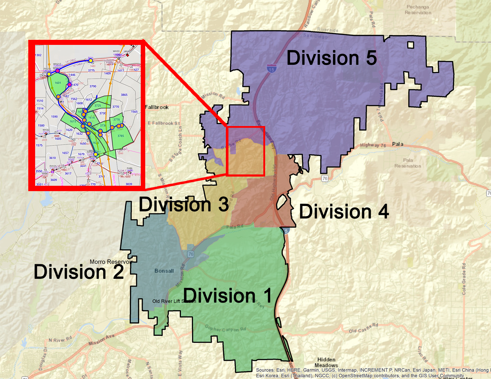 Map showing five divisions with an inset zoomed into a detailed area, highlighting streets and routes.