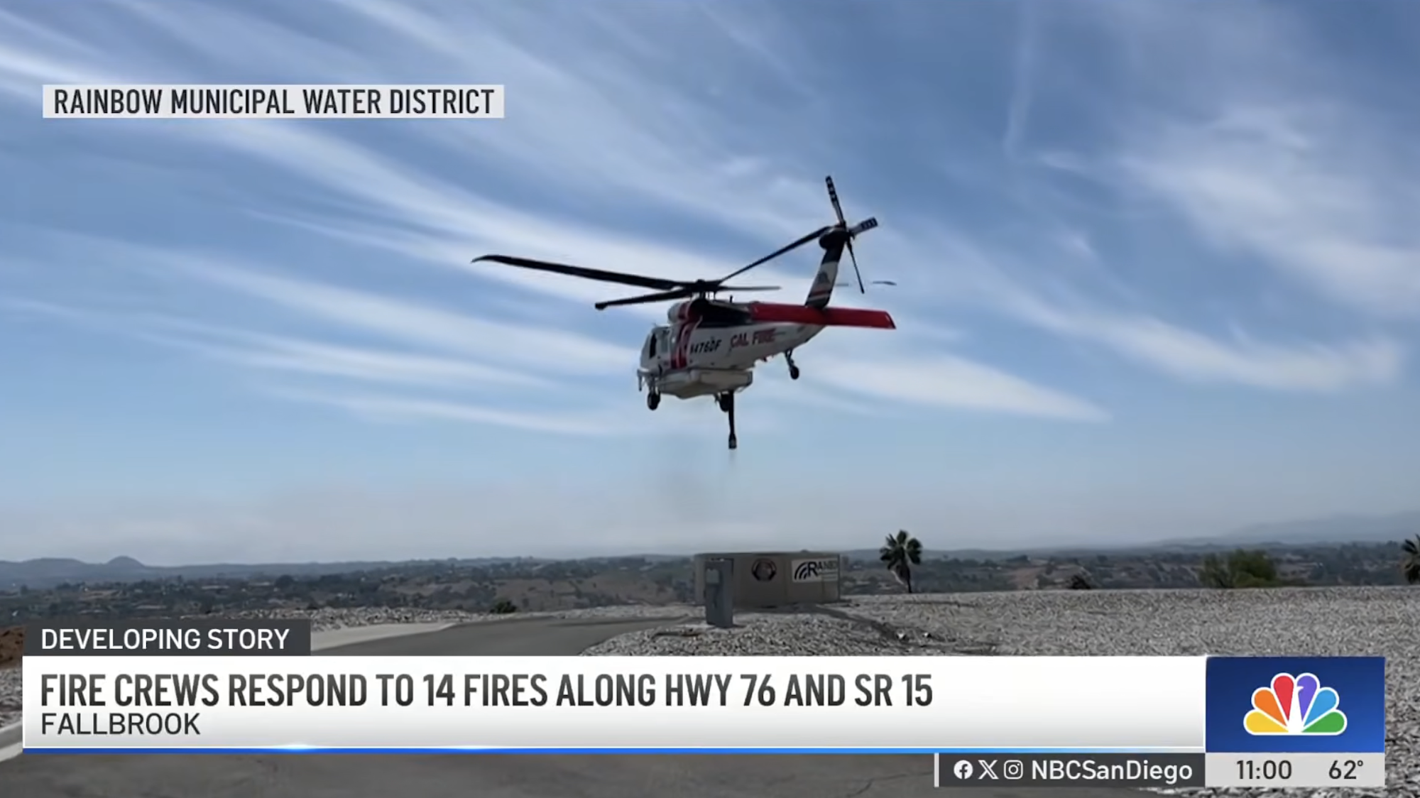 A Cal Fire helicopter is responding to multiple fires near Highway 76 and SR 15 in Fallbrook, CA.