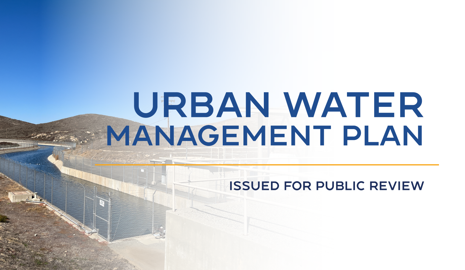 The image displays an "Urban Water Management Plan" issued for public review, featuring a waterway and management facility.