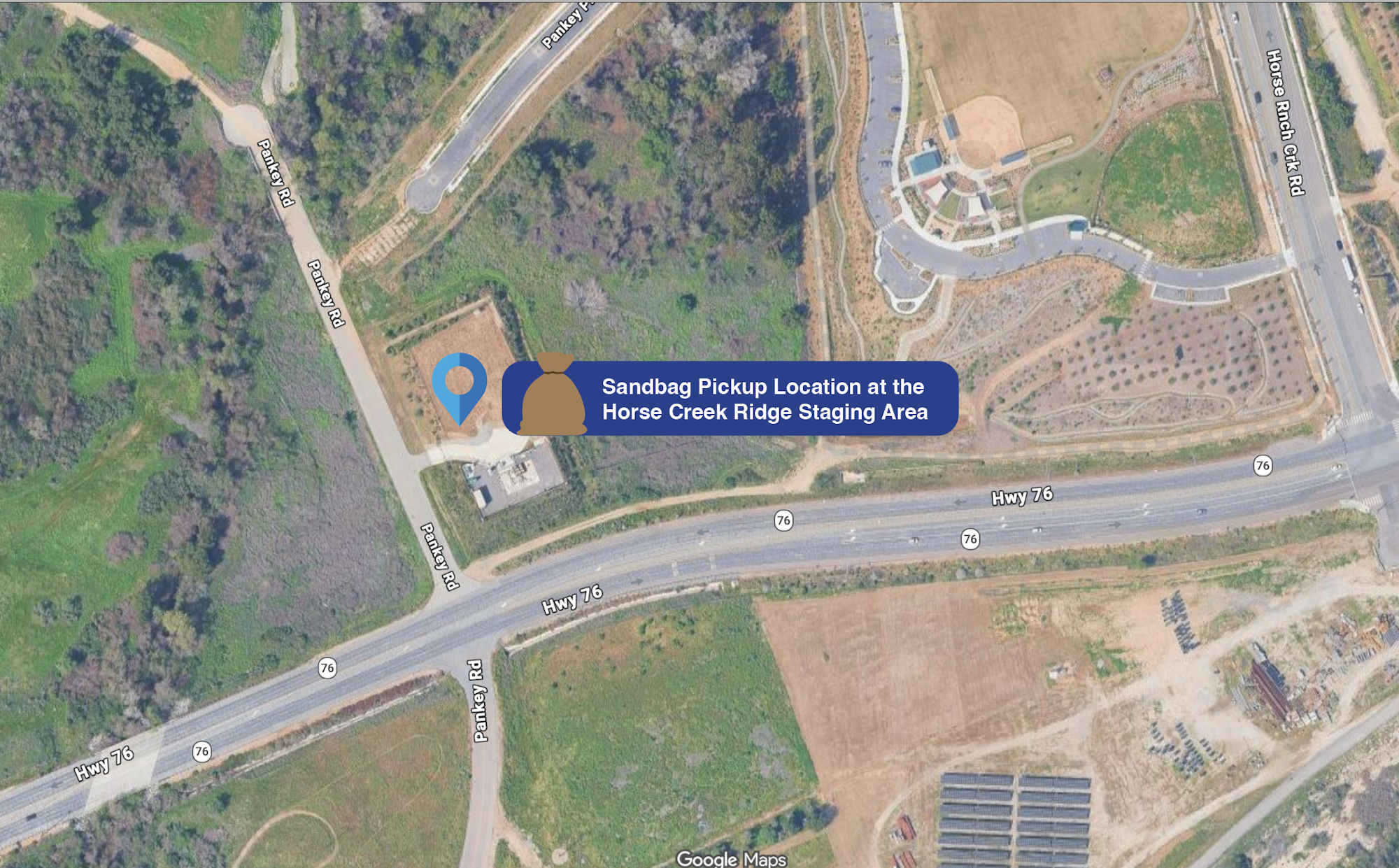 The image shows a map highlighting a sandbag pickup location at the Horse Creek Ridge Staging Area along Highway 76.