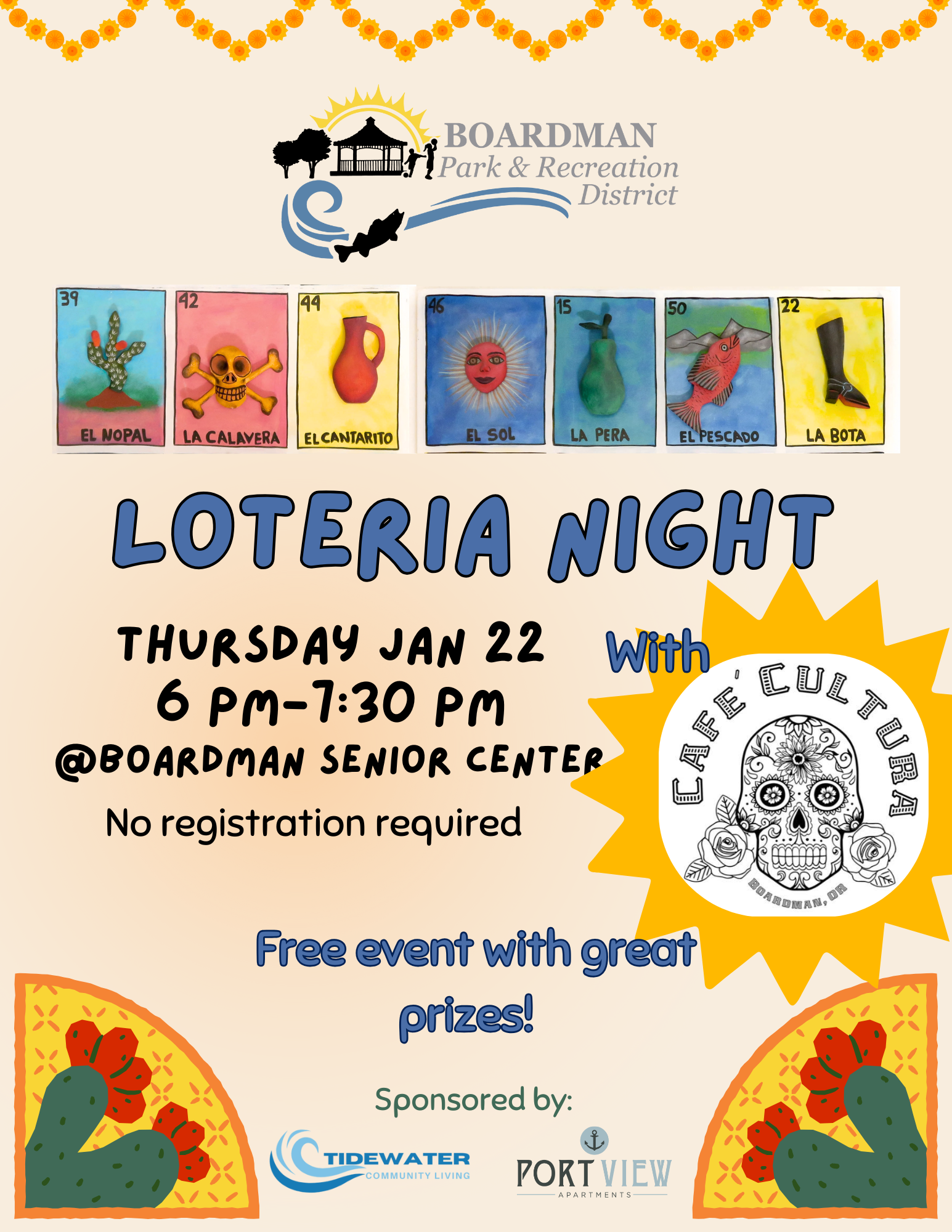 Loteria Night on Jan 22, 6-7:30 PM at Boardman Senior Center. Free event with prizes, no registration needed! Sponsored by local businesses.