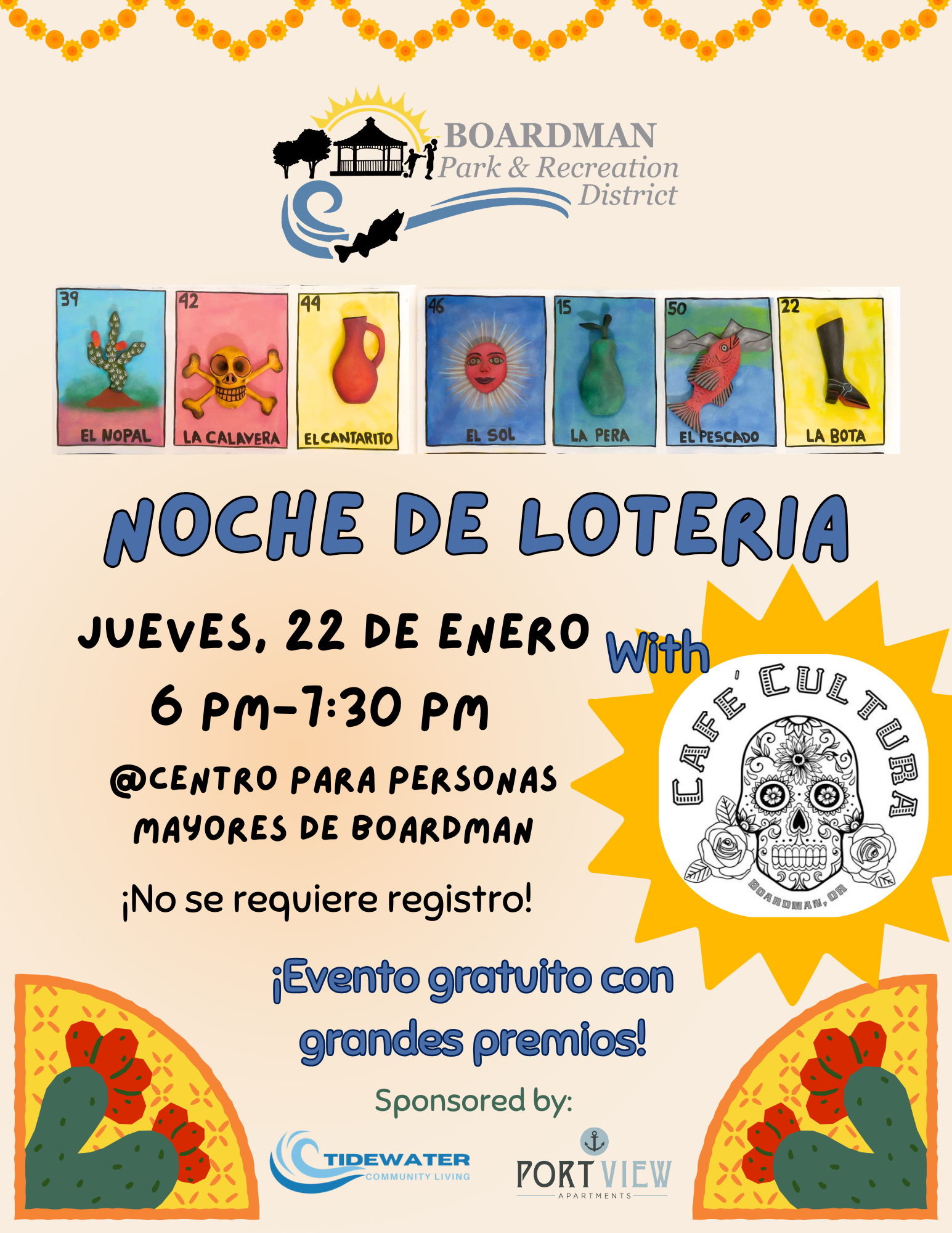 Event poster for "Noche de Lotería" on Jan 22 at Boardman, featuring games, no registration needed, with prizes.