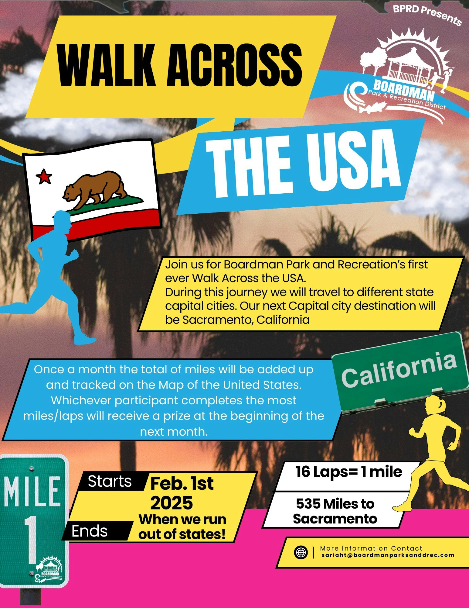 Announcement for "Walk Across the USA" starting Feb 1, 2025, with a goal to reach Sacramento, CA. Track miles monthly!