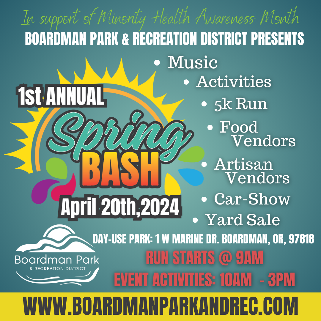 Flyer for 1st Annual Spring Bash on April 20th, 2024, with music, a 5k run, vendors, and a car show; supports Minority Health Awareness Month.