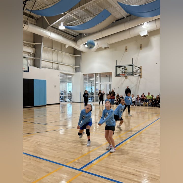 Young players in blue jerseys are focused on a ball during a game in a gym, with spectators watching in the background.