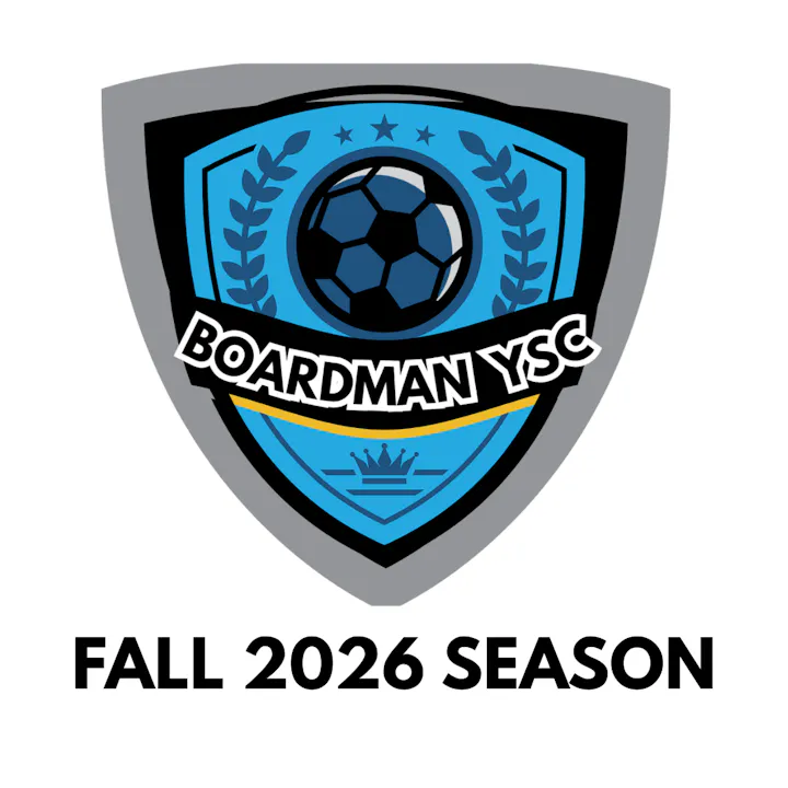Logo for Boardman YSC, indicating the Fall 2026 soccer season. Features a shield design with a soccer ball and decorative elements.