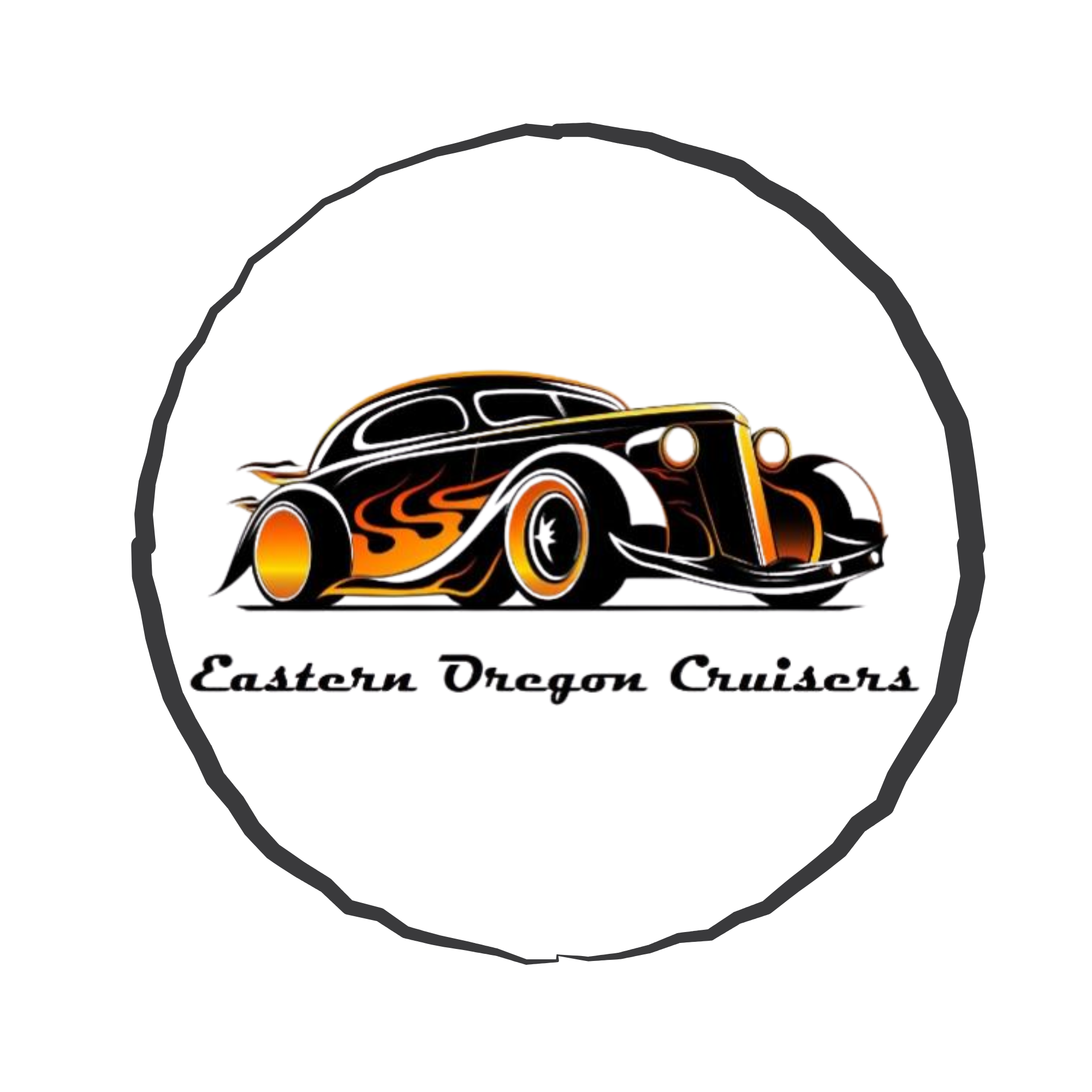 The image features a classic car graphic with flames, accompanied by the text "Eastern Oregon Cruisers."