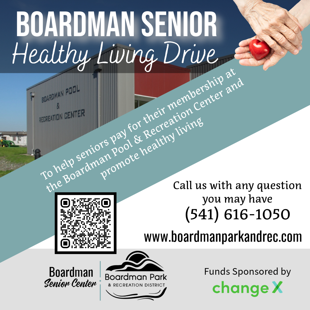 An ad for Boardman Senior Healthy Living Drive with a QR code, contact info, and an image of a hand holding an apple.