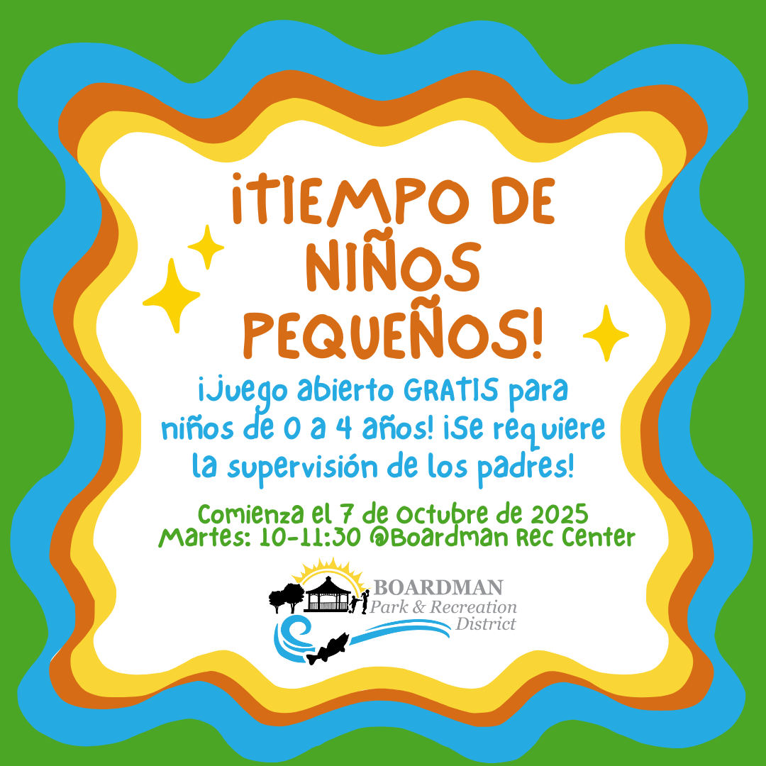 Free playtime for kids 0-4 starts October 7, 2025, every Tuesday from 10-11:30 AM at Boardman Rec Center. Parental supervision needed.