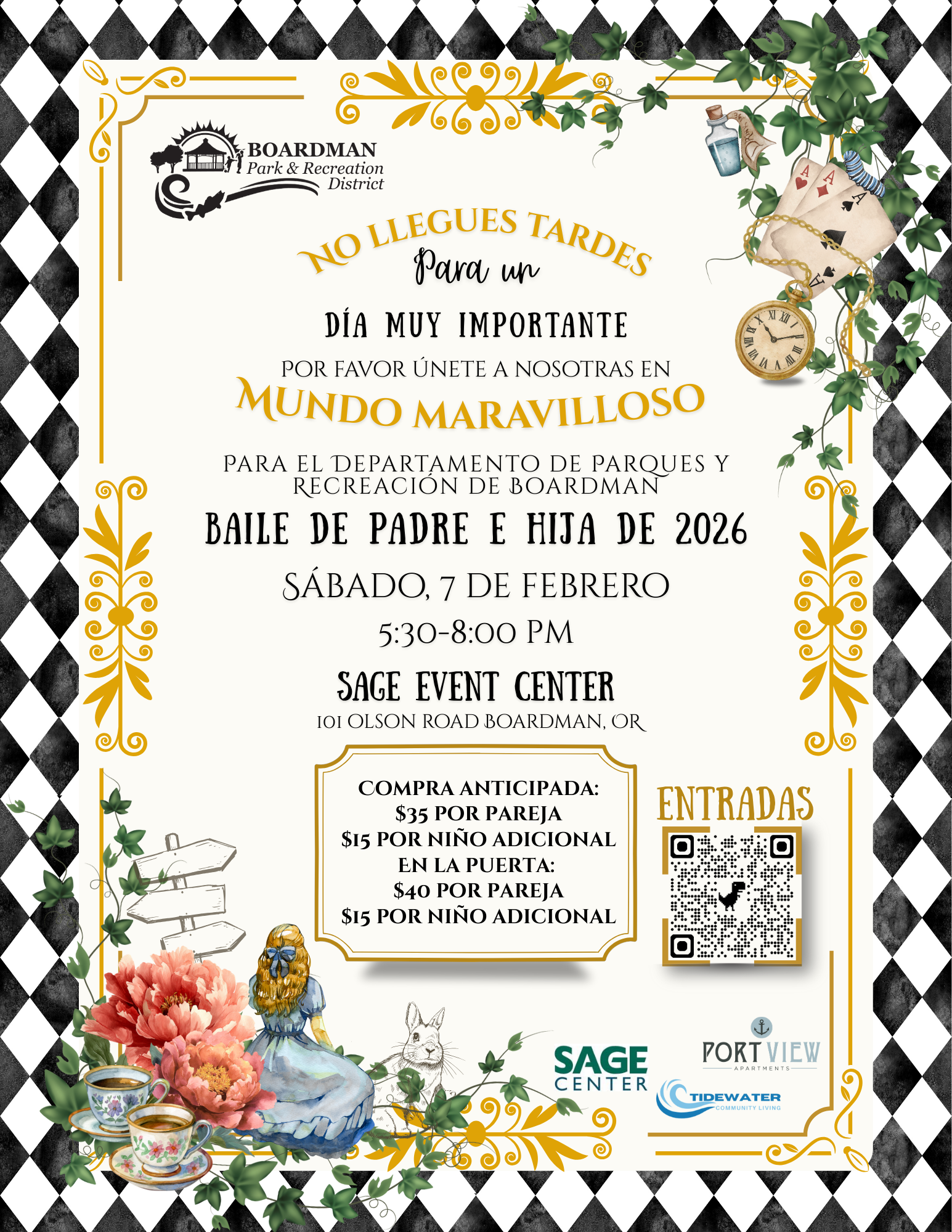 Event invitation for a Father-Daughter Dance on Feb 7, 2026, at Sage Event Center, Boardman, OR. Payment details included.