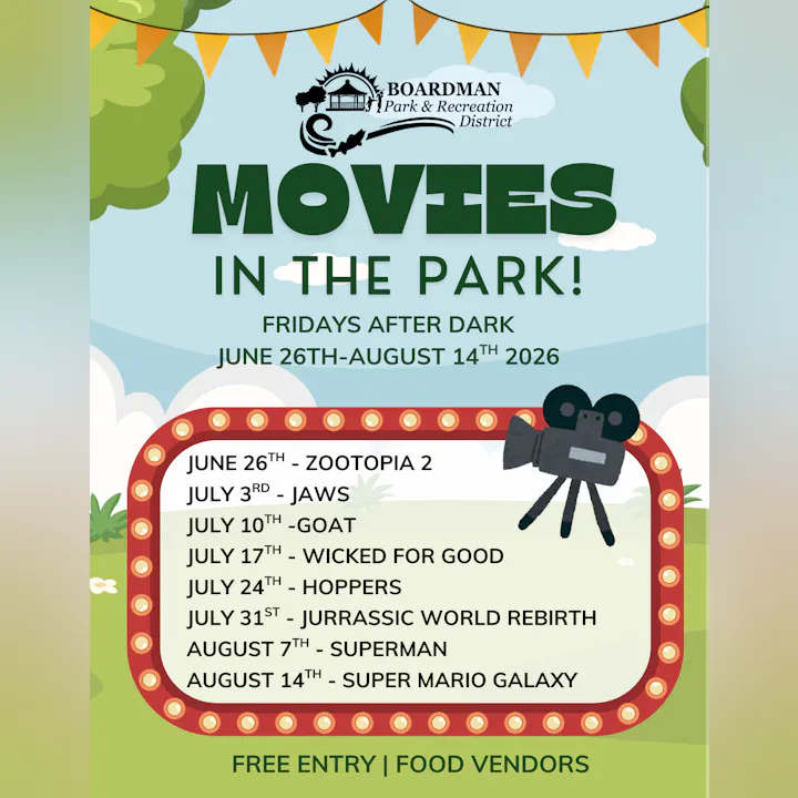 Outdoor movie nights at Boardman Park from June 26 to August 14, 2026. Free entry and food vendors available!